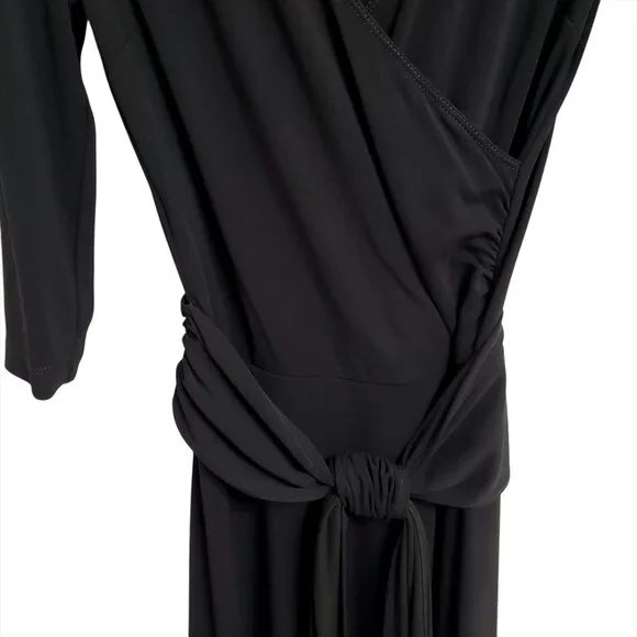 BCBGMaxAzria Black Faux Wrap Midi Dress M 3/4 Sleeve Tie Ruched Minimalist - Picture 7 of 12